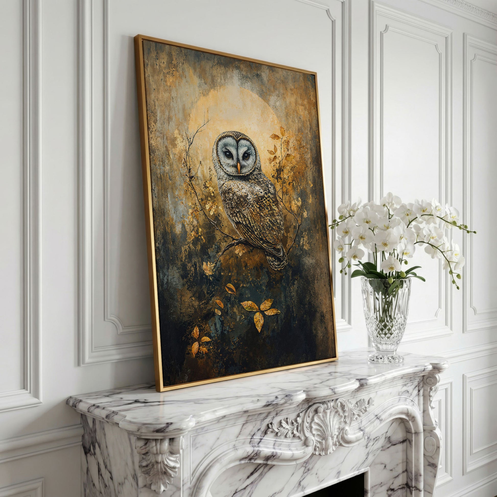 Owl on a Branch Canvas Art with Abstract Moon Background in yellow gold floating frame