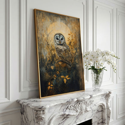 Owl on a Branch Canvas Art with Abstract Moon Background in yellow gold floating frame