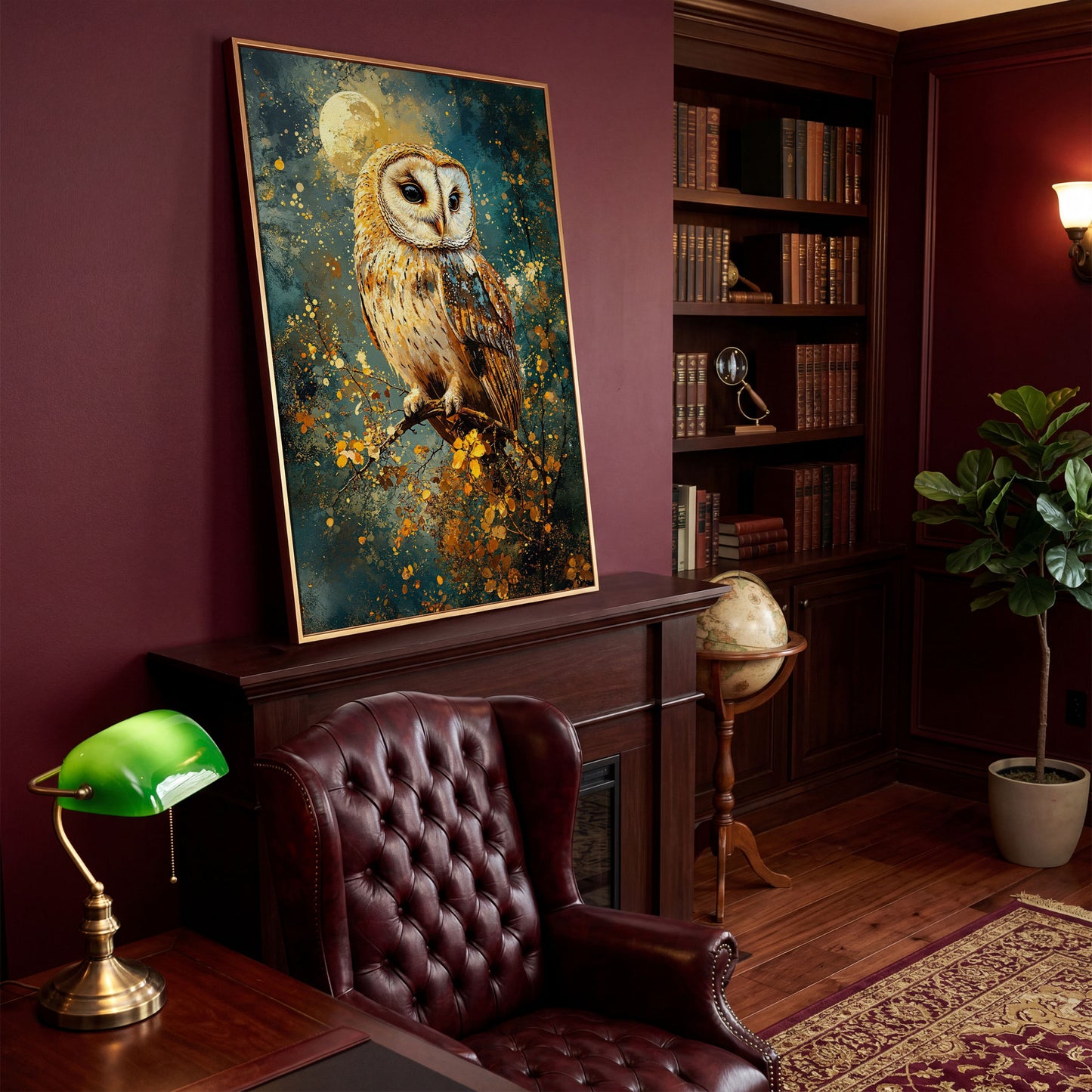 Owl on a Branch Canvas Print with Full Moon and Autumn Leaves in antique gold floating frame