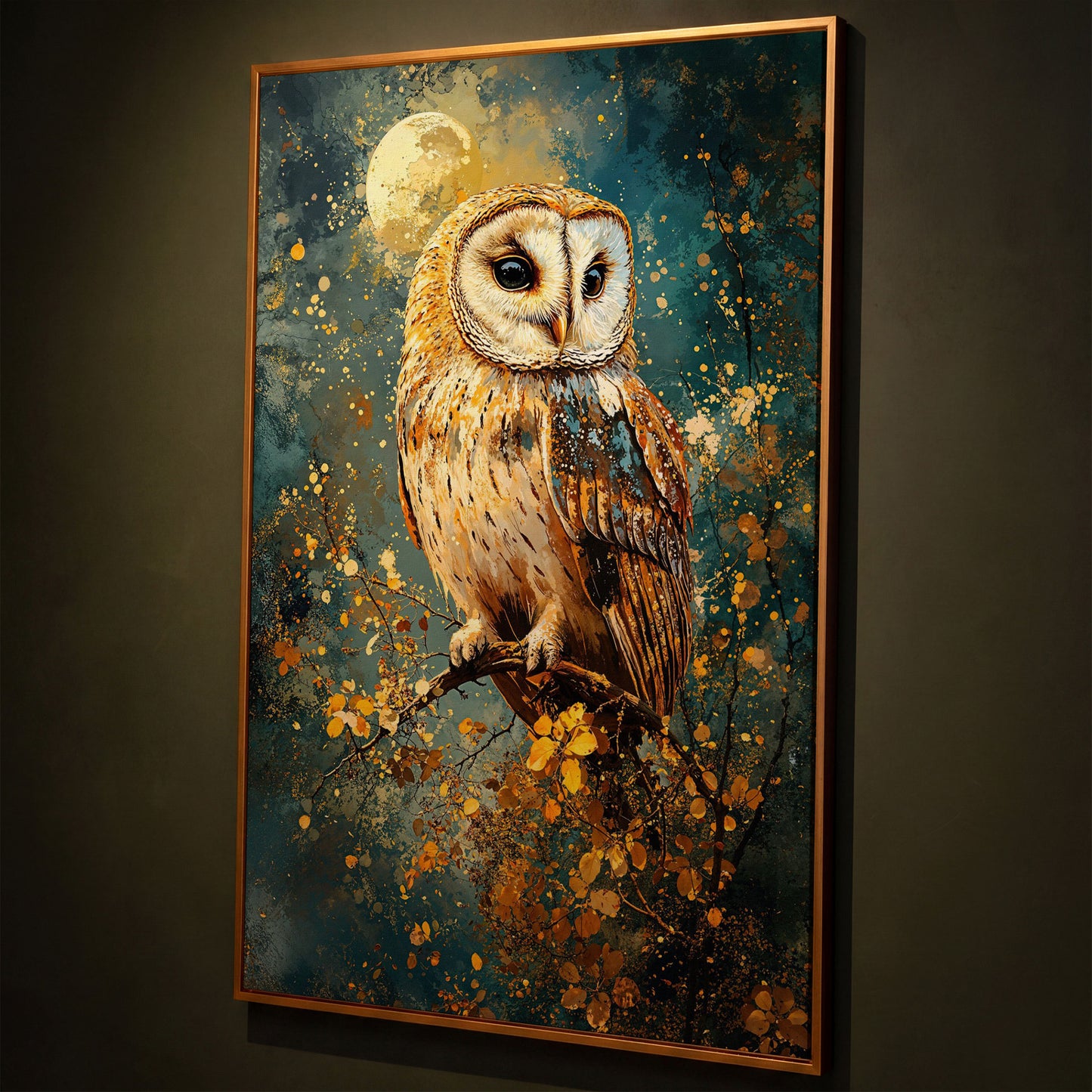 Owl on a Branch Canvas Print with Full Moon and Autumn Leaves shown in antique gold floating frame