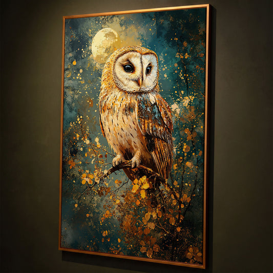 Owl on a Branch Canvas Print with Full Moon and Autumn Leaves shown in antique gold floating frame