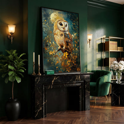 Owl on a Branch Canvas Print with Full Moon and Autumn Leaves in black floating frame