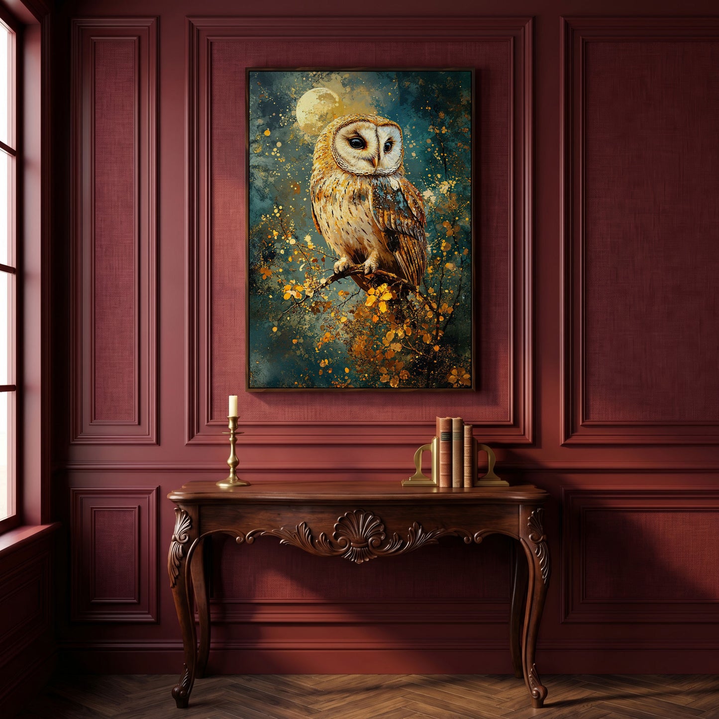 Owl on a Branch Canvas Print with Full Moon and Autumn Leaves in dark walnut floating frame