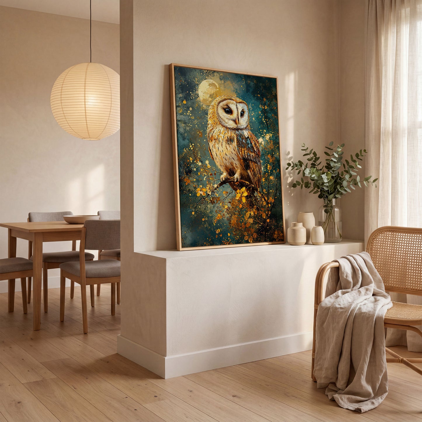 Owl on a Branch Canvas Print with Full Moon and Autumn Leaves in white oak floating frame
