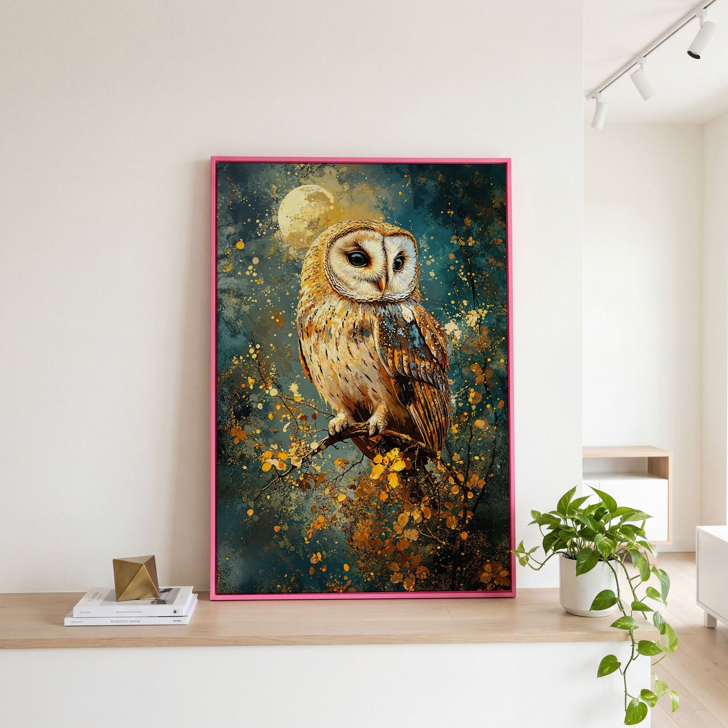Owl on a Branch Canvas Print with Full Moon and Autumn Leaves in pink floating frame