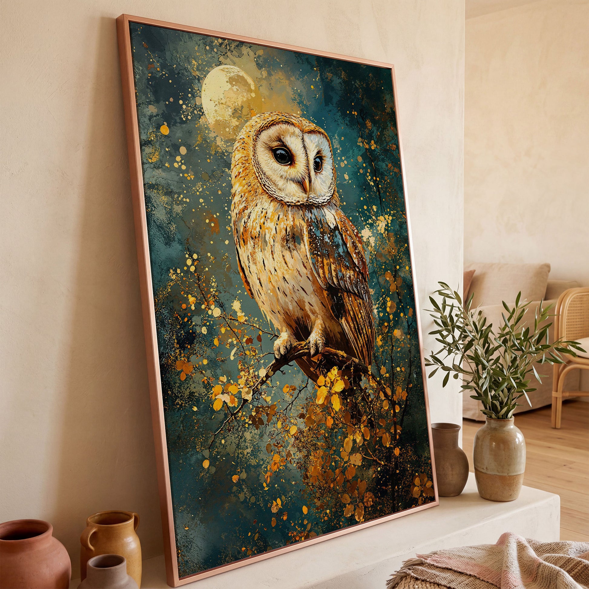 Owl on a Branch Canvas Print with Full Moon and Autumn Leaves in rose gold floating frame