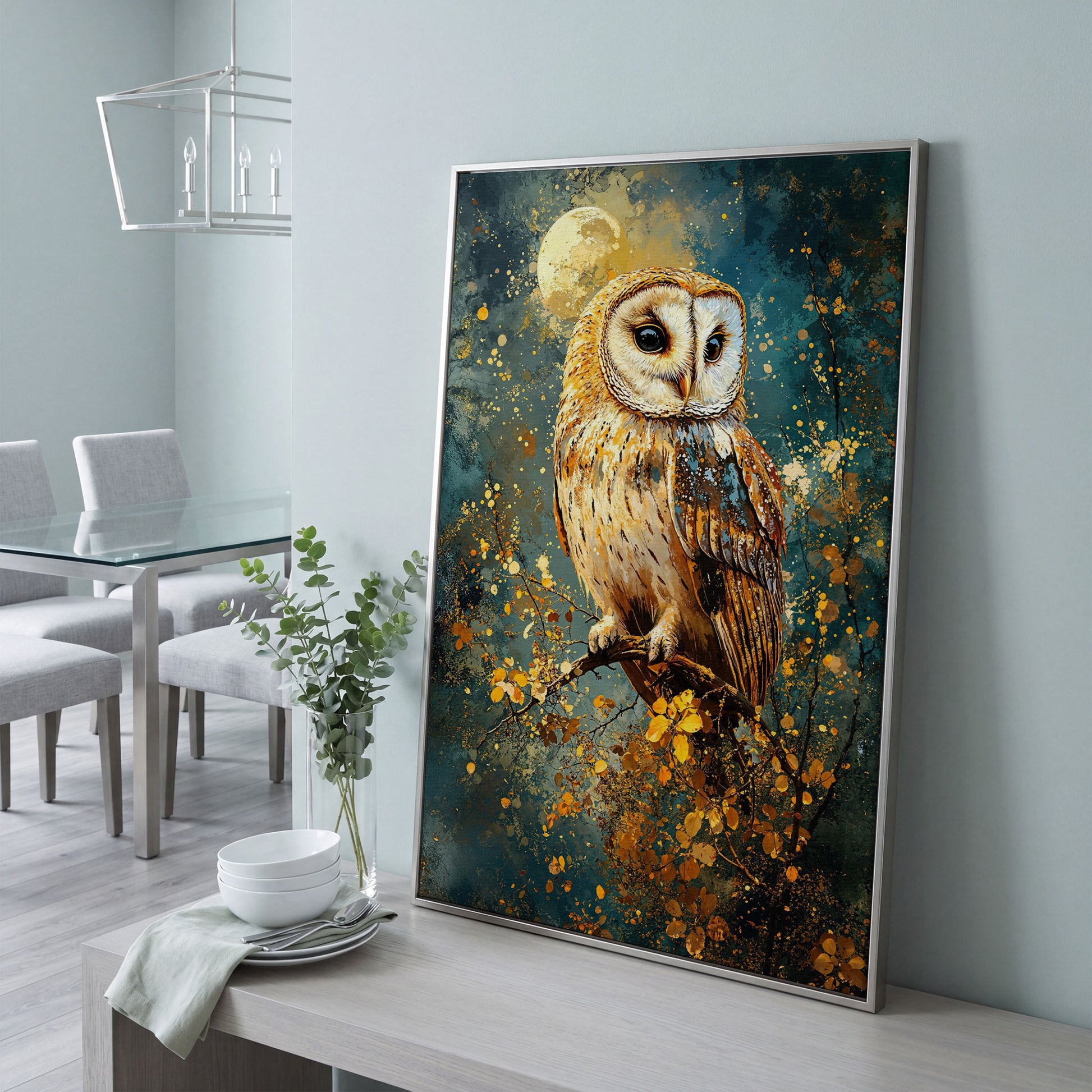 Owl on a Branch Canvas Print with Full Moon and Autumn Leaves in silver floating frame