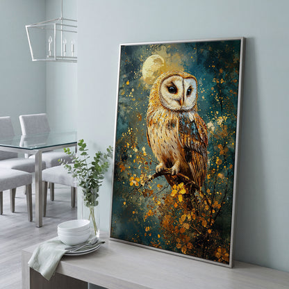 Owl on a Branch Canvas Print with Full Moon and Autumn Leaves in silver floating frame