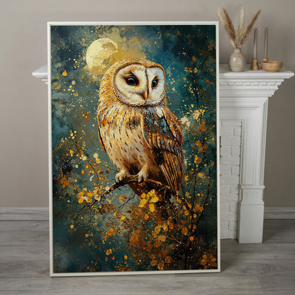 Owl on a Branch Canvas Print with Full Moon and Autumn Leaves in white floating frame
