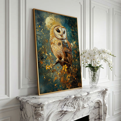Owl on a Branch Canvas Print with Full Moon and Autumn Leaves in yellow gold floating frame
