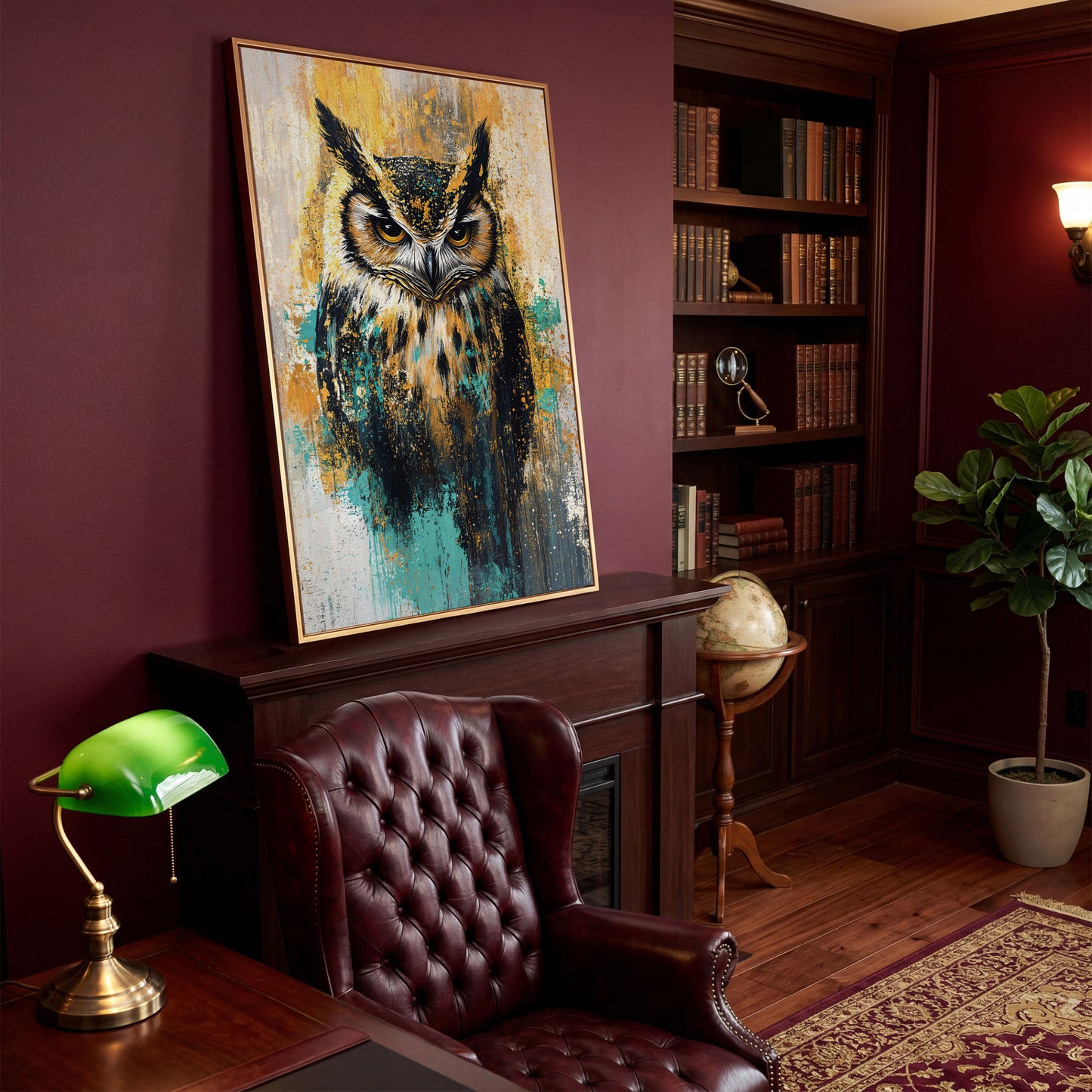 Bold Owl Portrait Canvas Wall Art, Wildlife Bird Print in antique gold floating frame