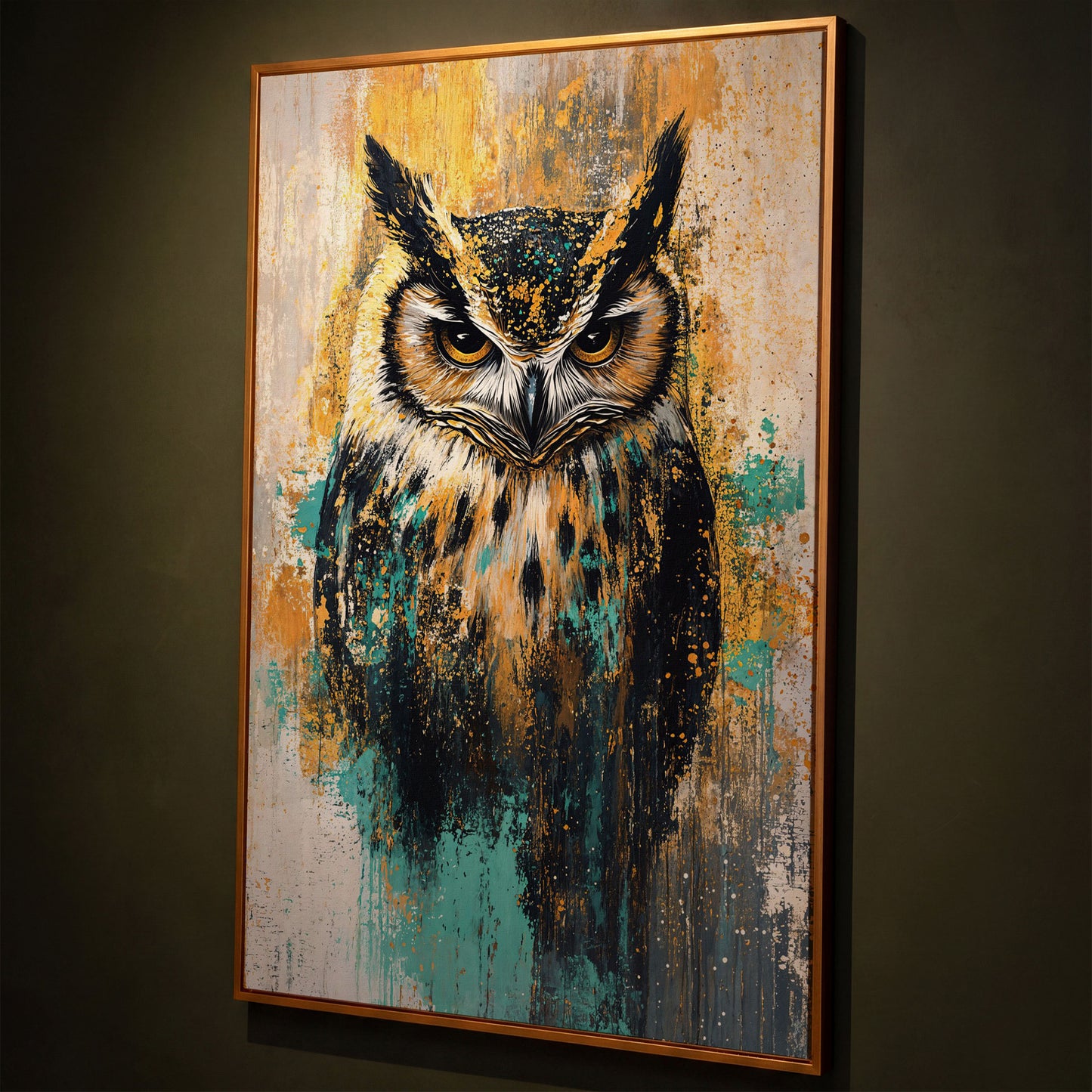 Bold Owl Portrait Canvas Wall Art, Wildlife Bird Print shown in antique gold floating frame