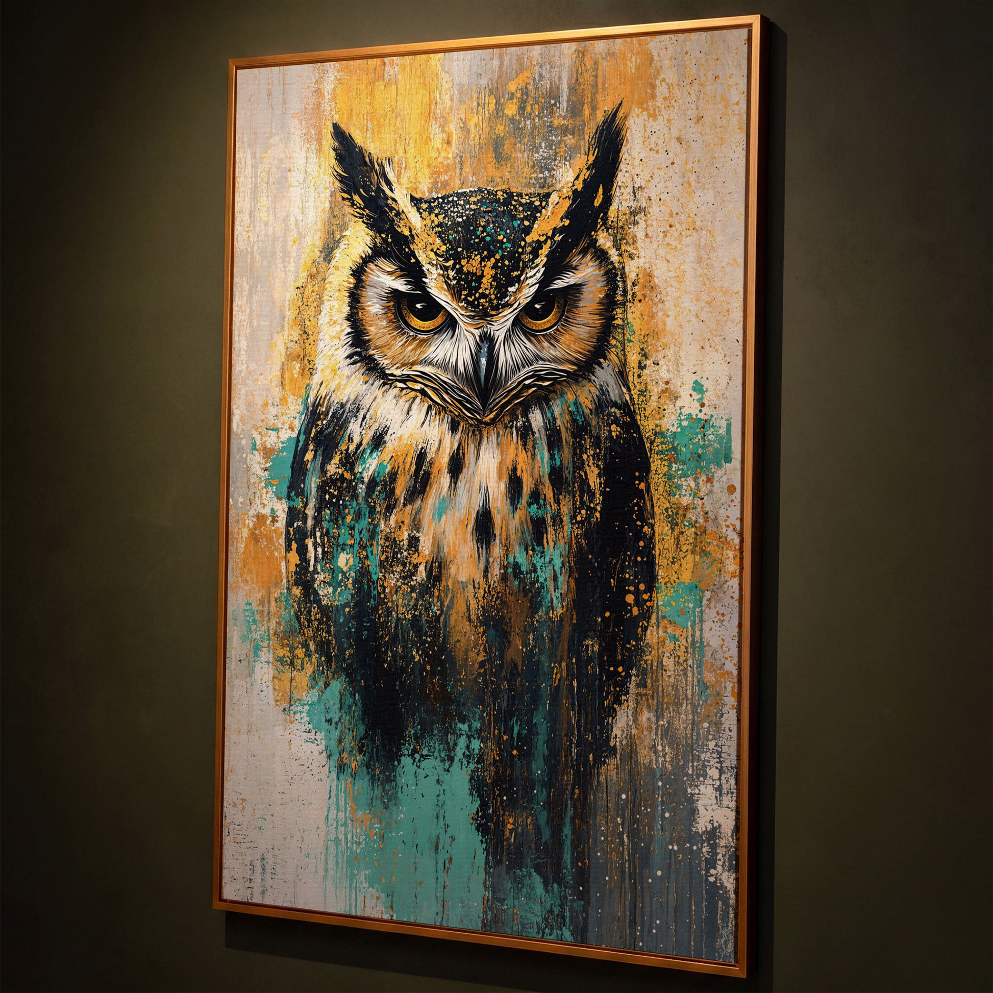 Bold Owl Portrait Canvas Wall Art, Wildlife Bird Print shown in antique gold floating frame