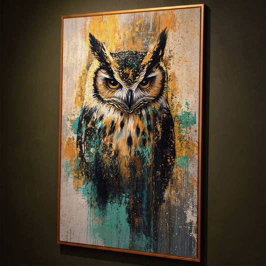 Bold Owl Portrait Canvas Wall Art, Wildlife Bird Print shown in antique gold floating frame