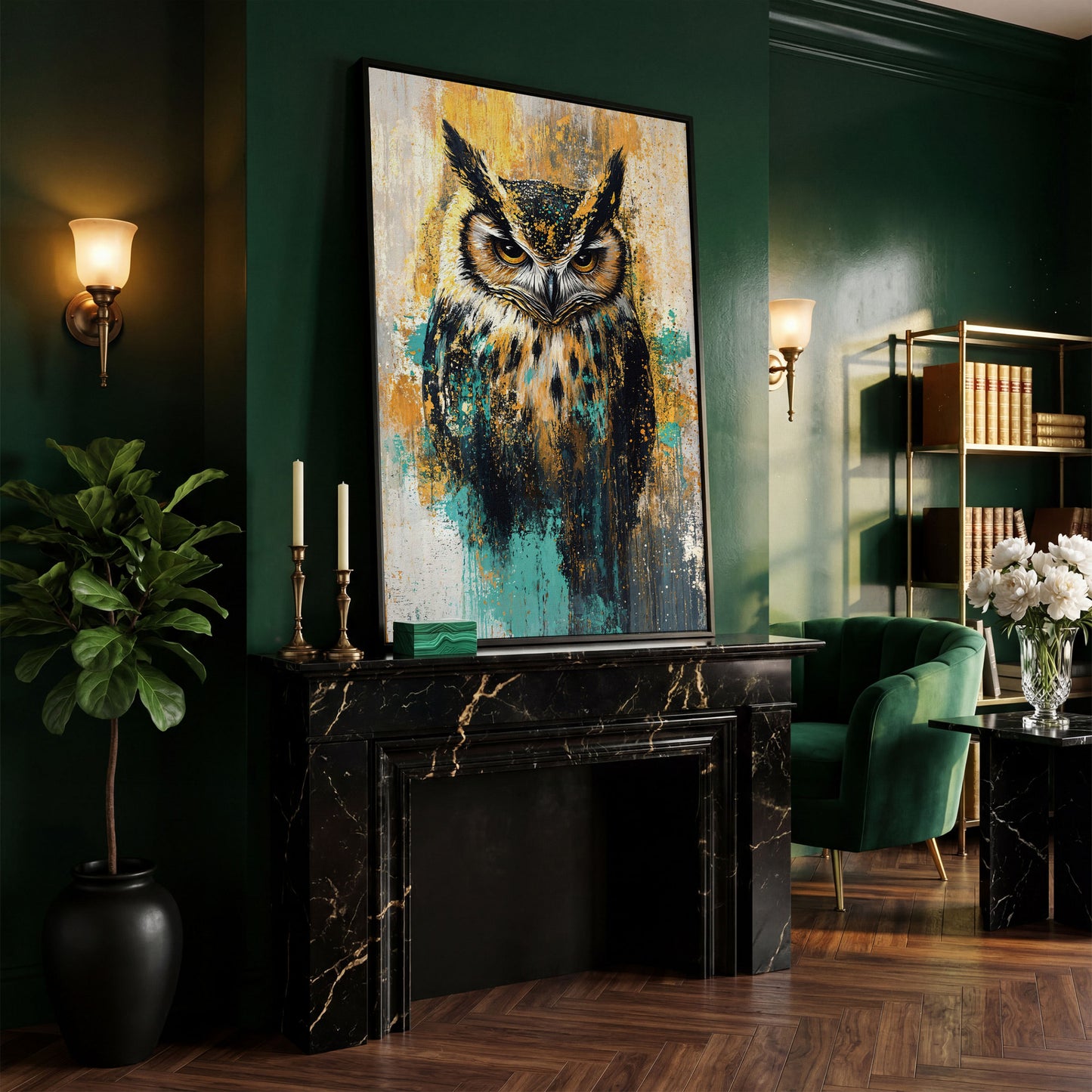 Bold Owl Portrait Canvas Wall Art, Wildlife Bird Print in black floating frame