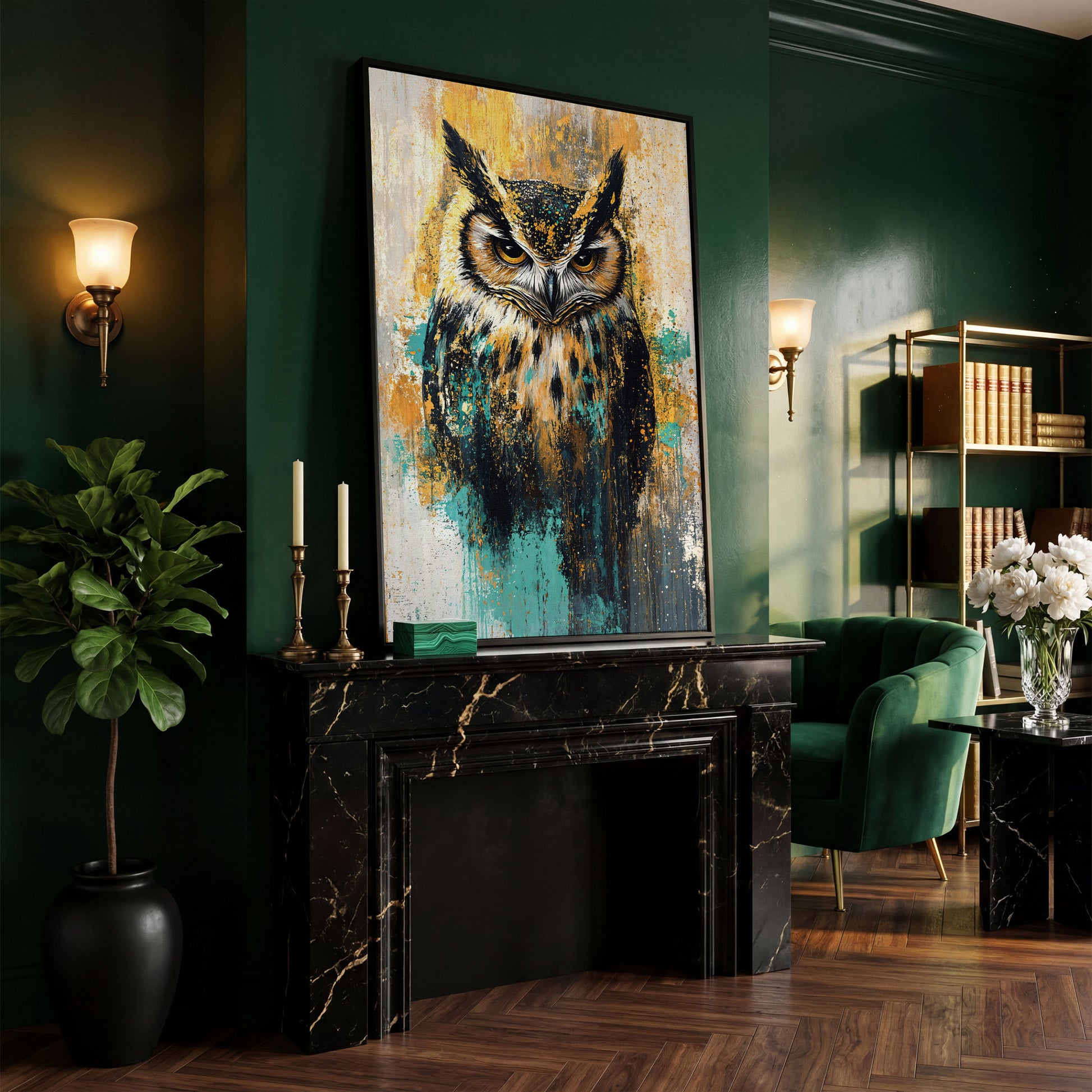 Bold Owl Portrait Canvas Wall Art, Wildlife Bird Print in black floating frame