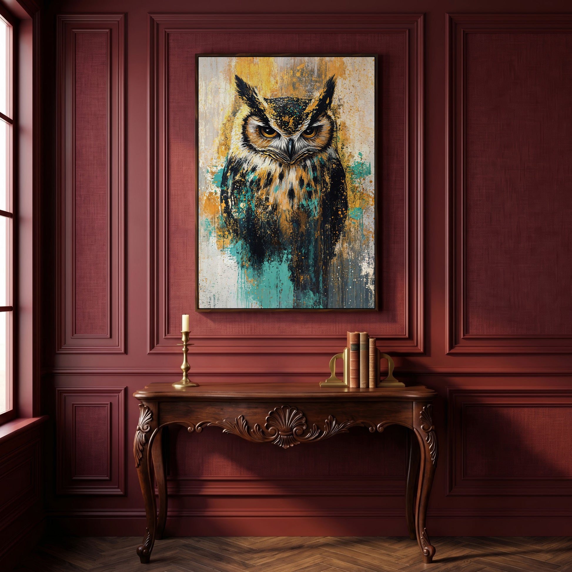 Bold Owl Portrait Canvas Wall Art, Wildlife Bird Print in dark walnut floating frame
