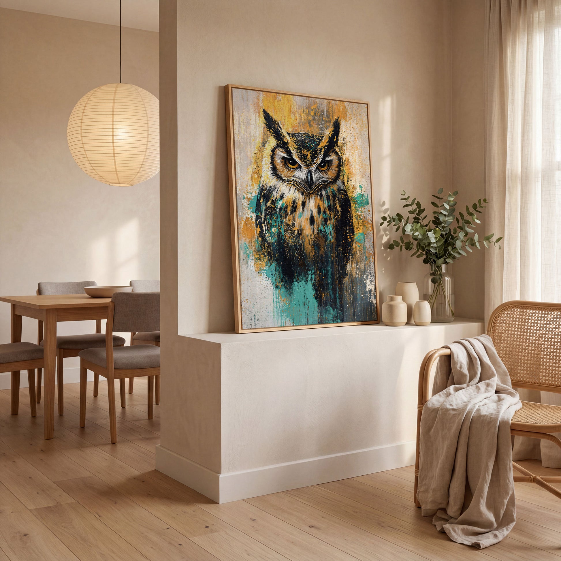 Bold Owl Portrait Canvas Wall Art, Wildlife Bird Print in white oak floating frame