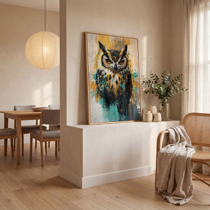 Bold Owl Portrait Canvas Wall Art, Wildlife Bird Print in white oak floating frame