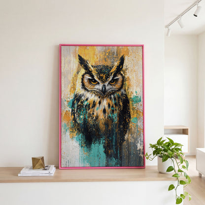 Bold Owl Portrait Canvas Wall Art, Wildlife Bird Print in pink floating frame
