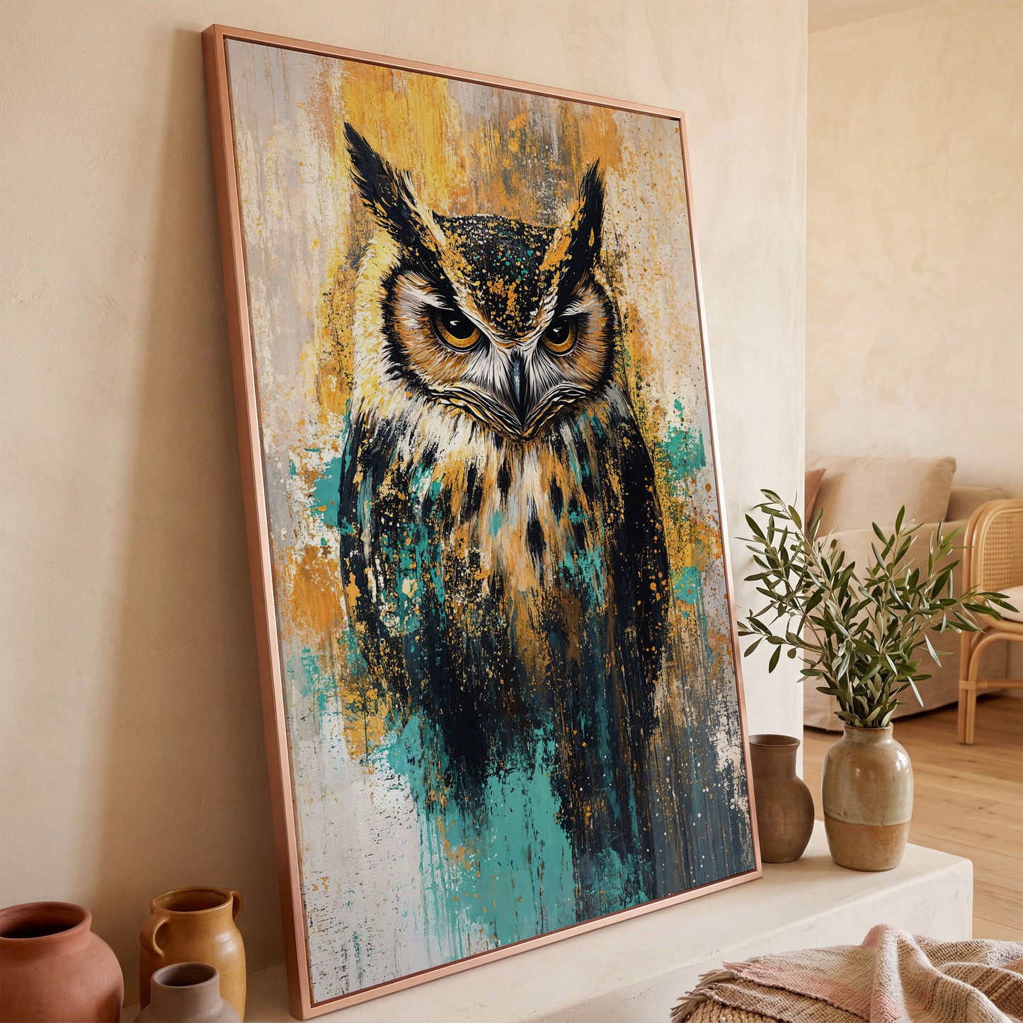 Bold Owl Portrait Canvas Wall Art, Wildlife Bird Print in rose gold floating frame
