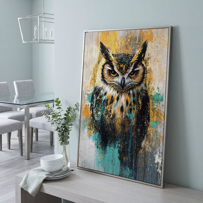 Bold Owl Portrait Canvas Wall Art, Wildlife Bird Print in silver floating frame