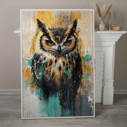 Bold Owl Portrait Canvas Wall Art, Wildlife Bird Print in white floating frame