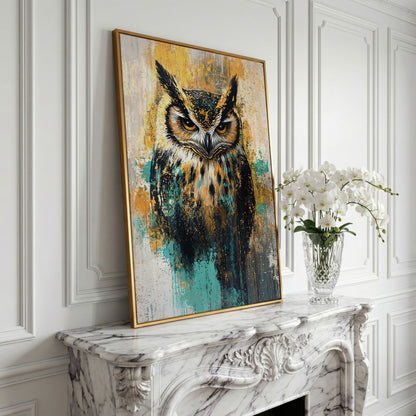 Bold Owl Portrait Canvas Wall Art, Wildlife Bird Print in yellow gold floating frame