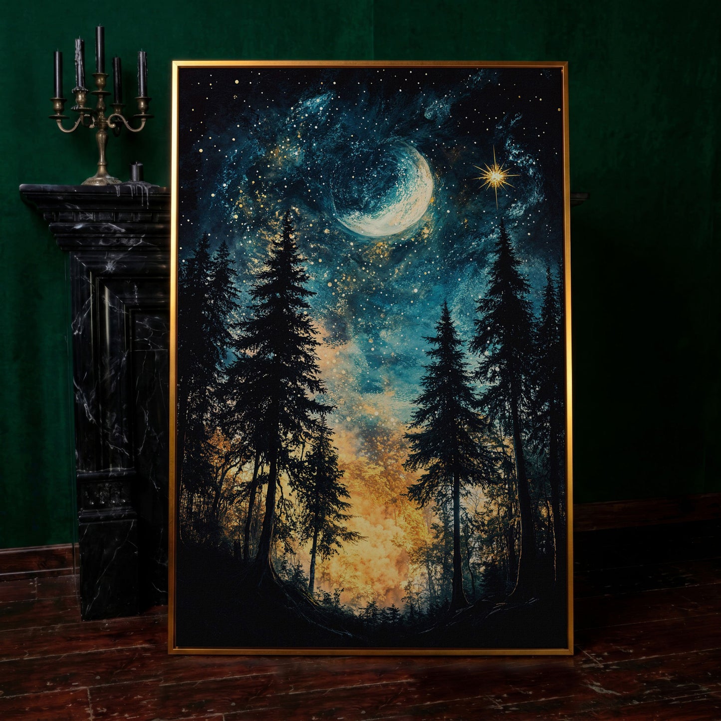 Mystical Forest Night Sky Canvas Art with Moon and Stars in antique gold floating frame