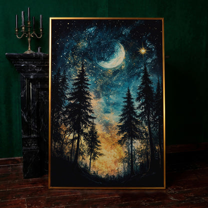 Mystical Forest Night Sky Canvas Art with Moon and Stars in antique gold floating frame