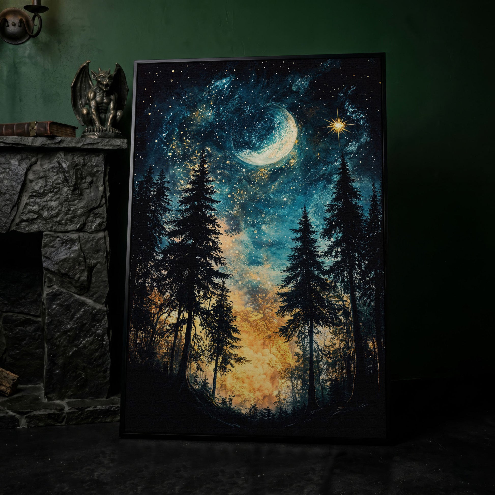 Mystical Forest Night Sky Canvas Art with Moon and Stars in black floating frame