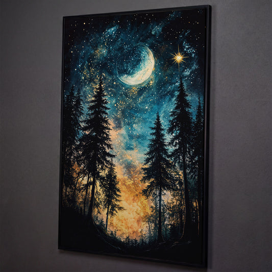 Mystical Forest Night Sky Canvas Art with Moon and Stars shown in black floating frame