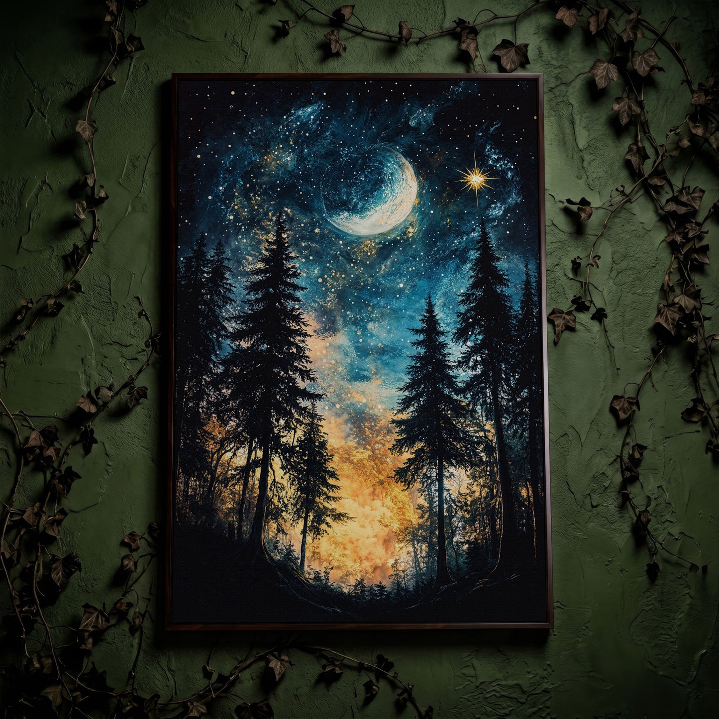 Mystical Forest Night Sky Canvas Art with Moon and Stars in dark walnut floating frame