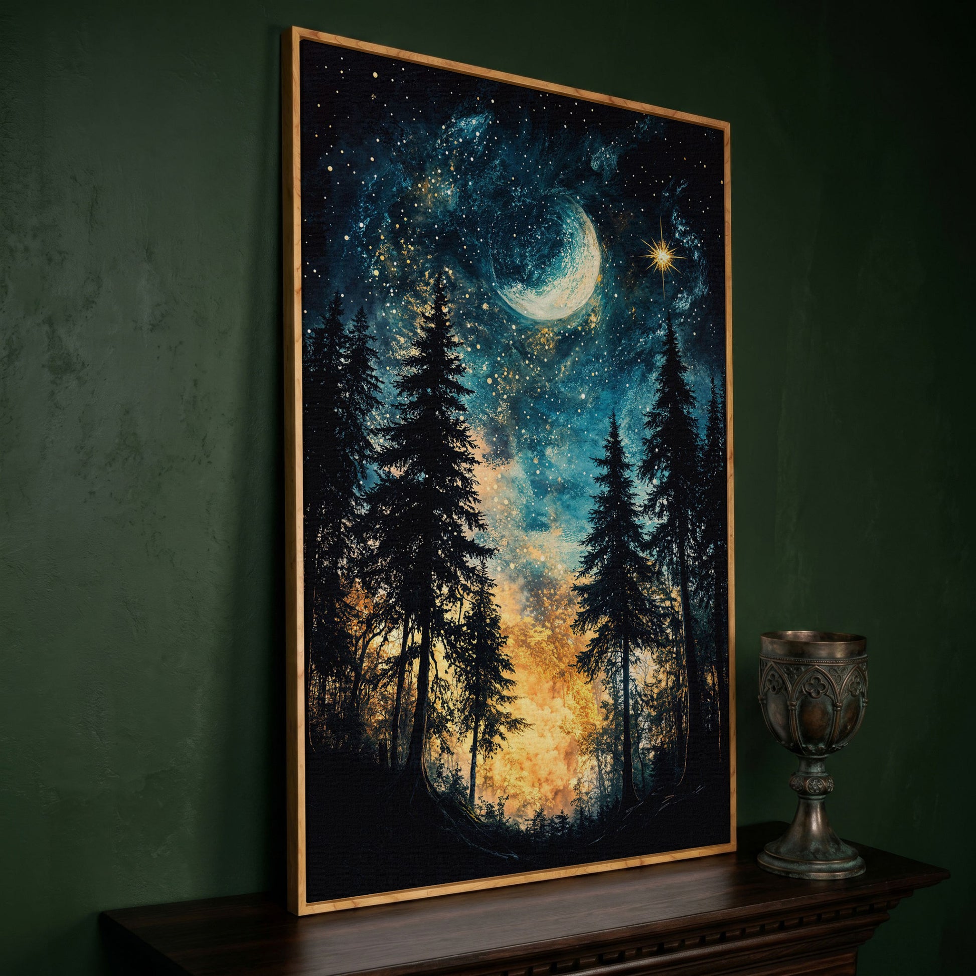 Mystical Forest Night Sky Canvas Art with Moon and Stars in white oak floating frame