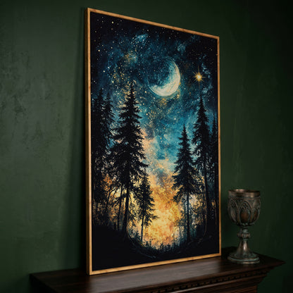 Mystical Forest Night Sky Canvas Art with Moon and Stars in white oak floating frame