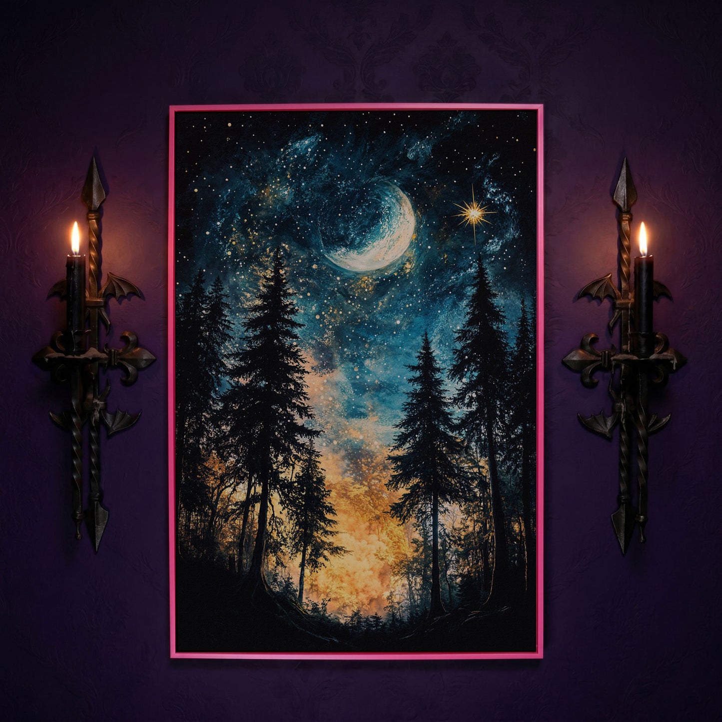 Mystical Forest Night Sky Canvas Art with Moon and Stars in pink floating frame