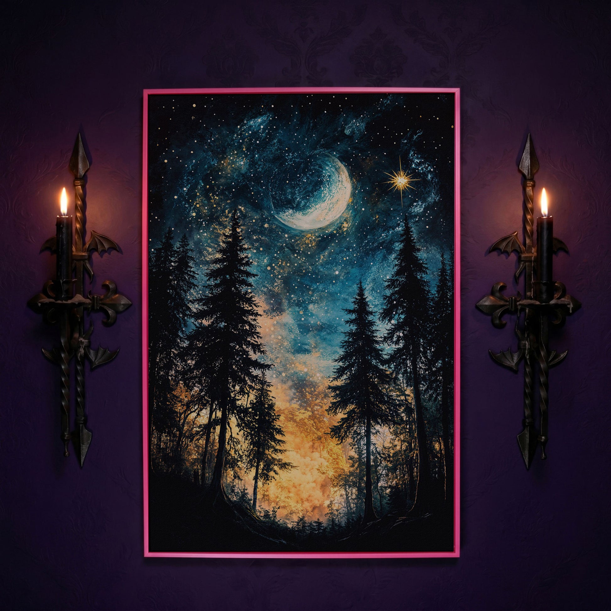 Mystical Forest Night Sky Canvas Art with Moon and Stars in pink floating frame