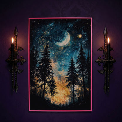 Mystical Forest Night Sky Canvas Art with Moon and Stars in pink floating frame