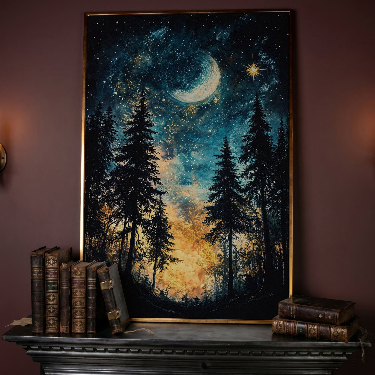 Mystical Forest Night Sky Canvas Art with Moon and Stars in rose gold floating frame