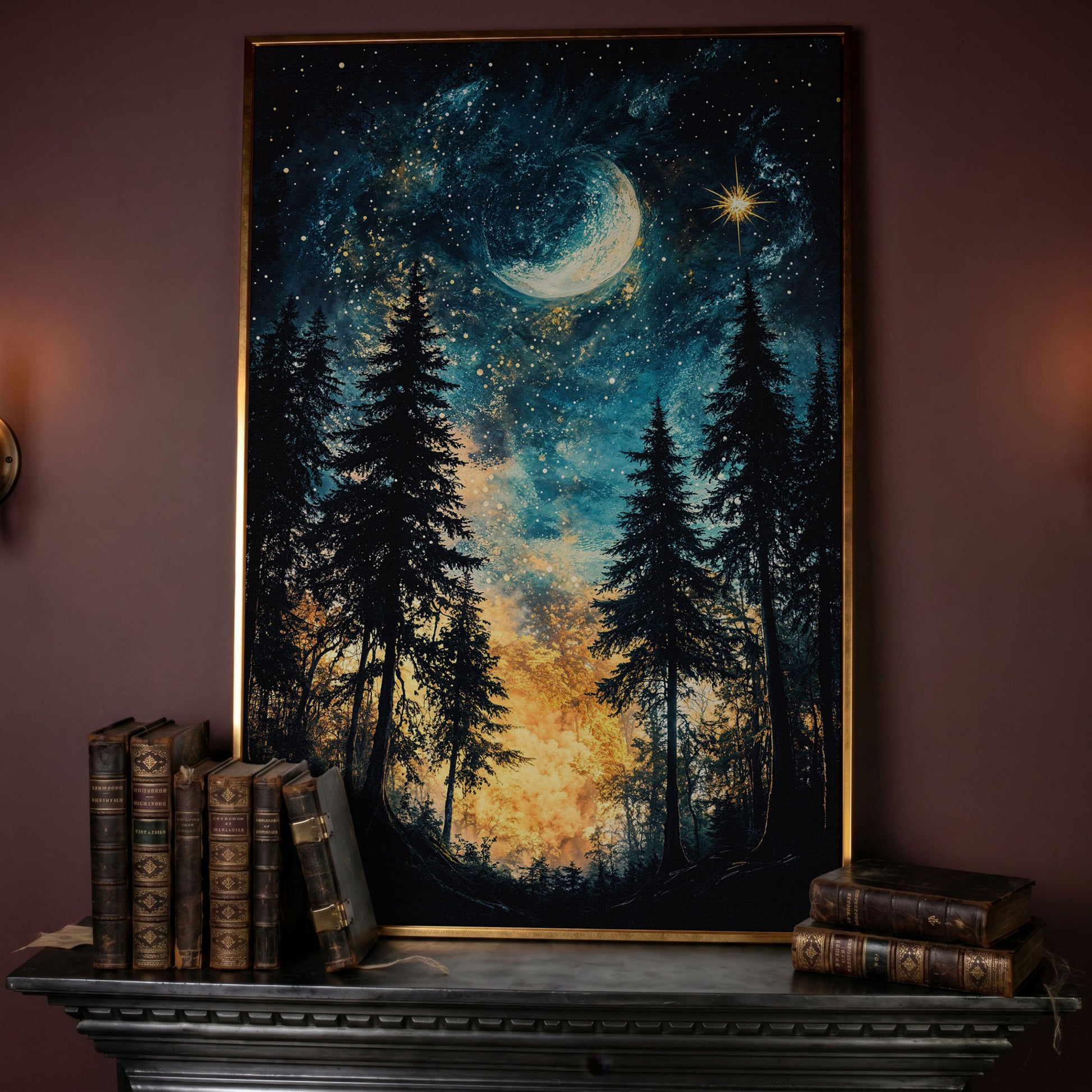 Mystical Forest Night Sky Canvas Art with Moon and Stars in rose gold floating frame