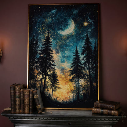 Mystical Forest Night Sky Canvas Art with Moon and Stars in rose gold floating frame