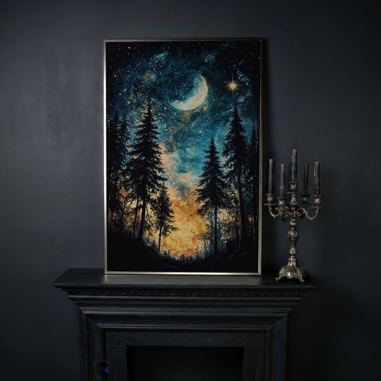 Mystical Forest Night Sky Canvas Art with Moon and Stars in silver floating frame