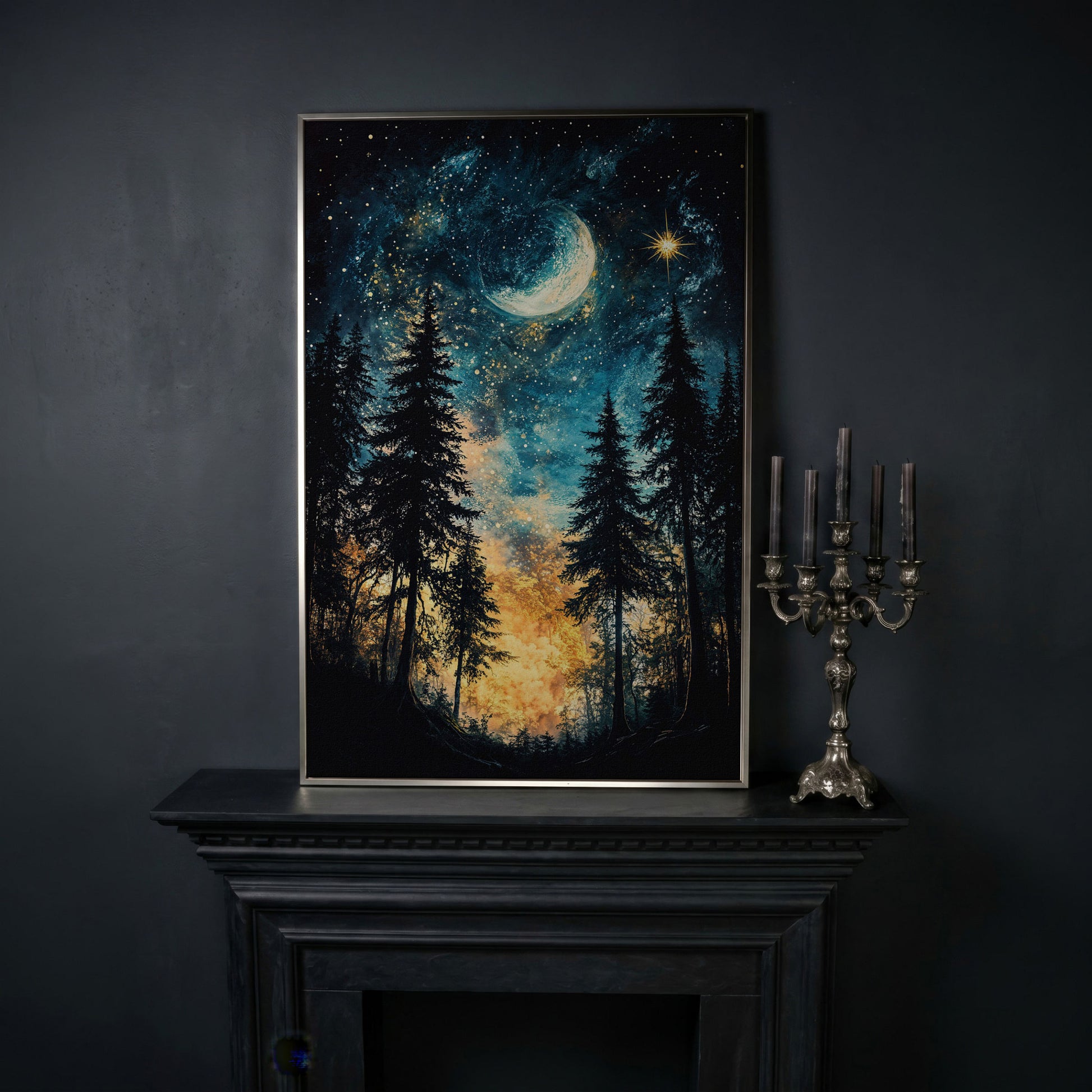 Mystical Forest Night Sky Canvas Art with Moon and Stars in silver floating frame