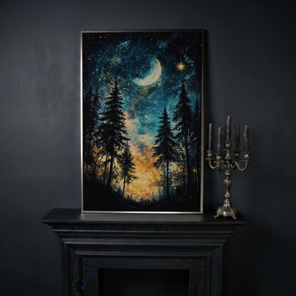 Mystical Forest Night Sky Canvas Art with Moon and Stars in silver floating frame