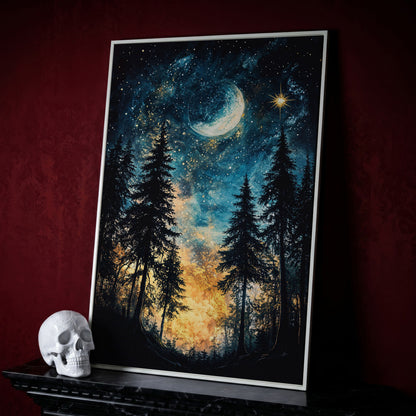 Mystical Forest Night Sky Canvas Art with Moon and Stars in white floating frame