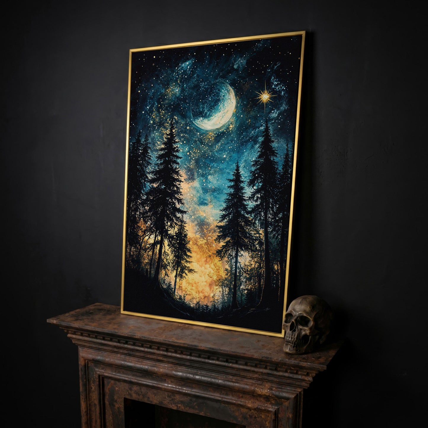 Mystical Forest Night Sky Canvas Art with Moon and Stars in yellow gold floating frame