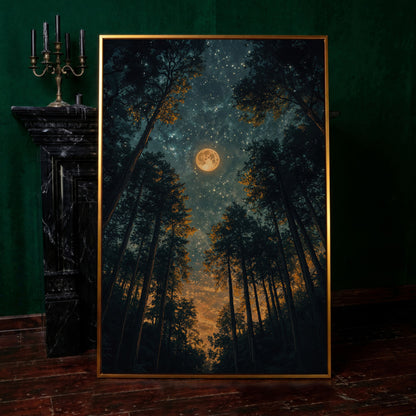 Moonlit Forest at Night: Full Moon and Stars Canvas in antique gold floating frame