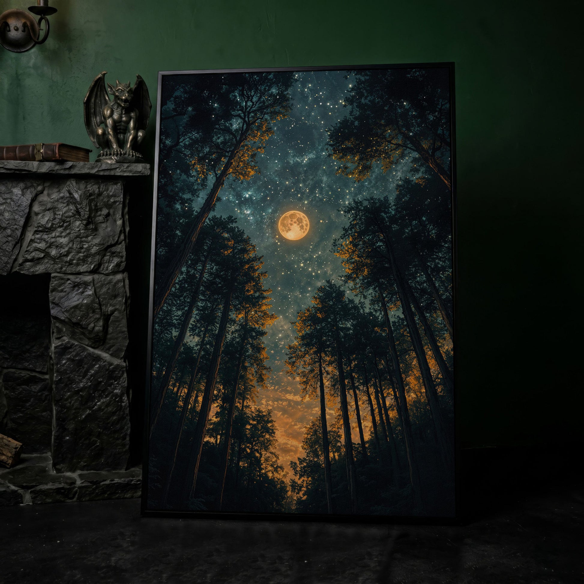 Moonlit Forest at Night: Full Moon and Stars Canvas in black floating frame