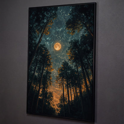 Moonlit Forest at Night: Full Moon and Stars Canvas shown in black floating frame
