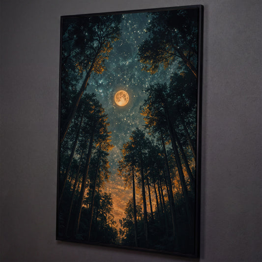 Moonlit Forest at Night: Full Moon and Stars Canvas shown in black floating frame